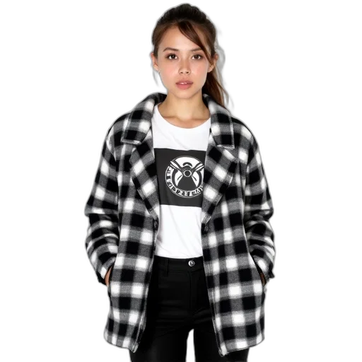 jacket, monochrome, woman, wearing, black, white, checkered, coat transparent PNG cut-out