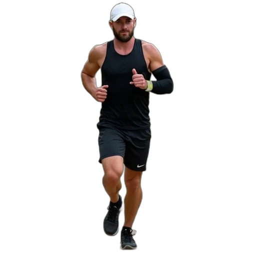 man, jogging, dirt, trail, surrounded, grass, bushes, wearing transparent PNG cut-out