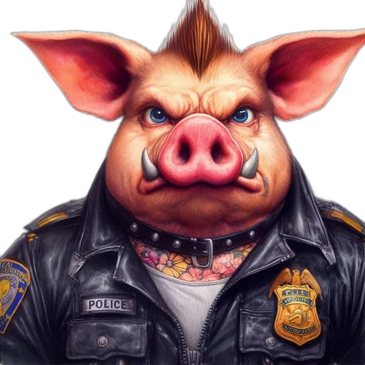 concept art, photorealistic, anthropomorphic, pig, donning, police, uniform, distinctive transparent PNG cut-out