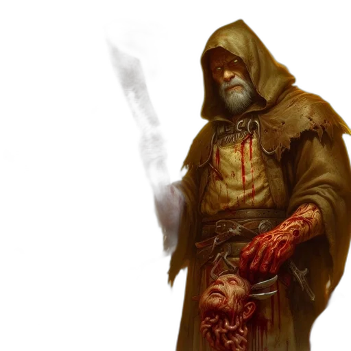concept art, fantasy art, comic book art, red, aged, warrior, hooded, wielding transparent PNG cut-out