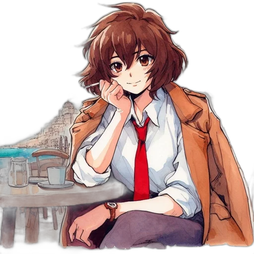 jacket, staff, face, dress, watercolor, anime, concept art, pixel art transparent PNG cut-out