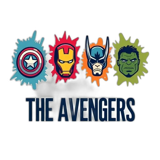comic book art, concept art, stylized, illustration, featuring, four, superheroes, their transparent PNG cut-out