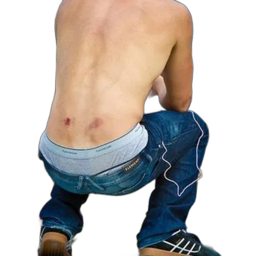 jacket, staff, photorealistic, shirtless, man, jeans, underwear, sits transparent PNG cut-out
