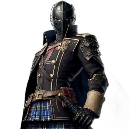 jacket, sword, weapon, mask, concept art, 3d render, cyberpunk, dark transparent PNG cut-out