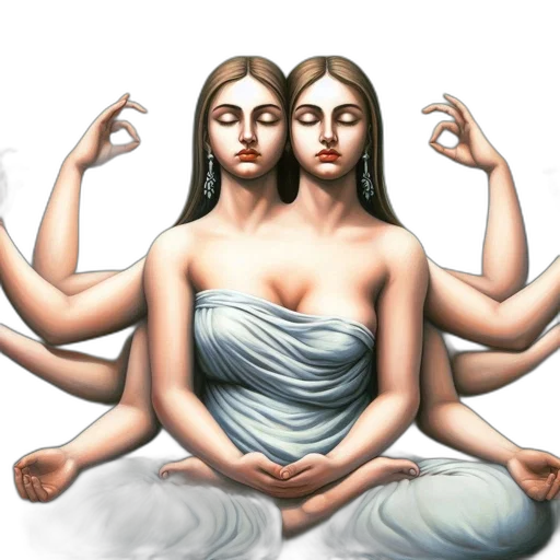 concept art, photorealistic, 3d render, pencil sketch, two-headed, woman, seated, meditative transparent PNG cut-out