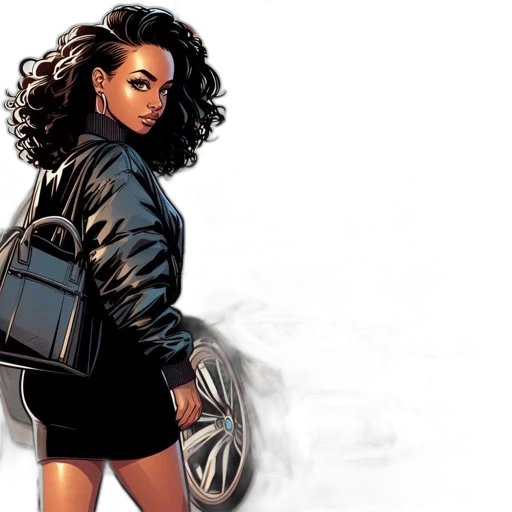 jacket, comic book art, concept art, cartoon, woman, stands, beside, black transparent PNG cut-out