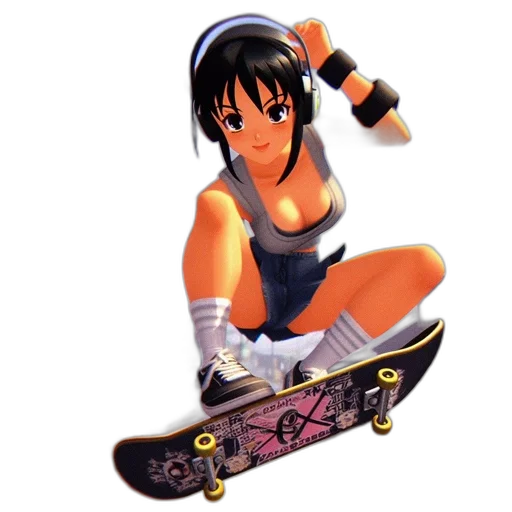 3d render, concept art, anime, photorealistic, animated, lady, performs, skateboard transparent PNG cut-out