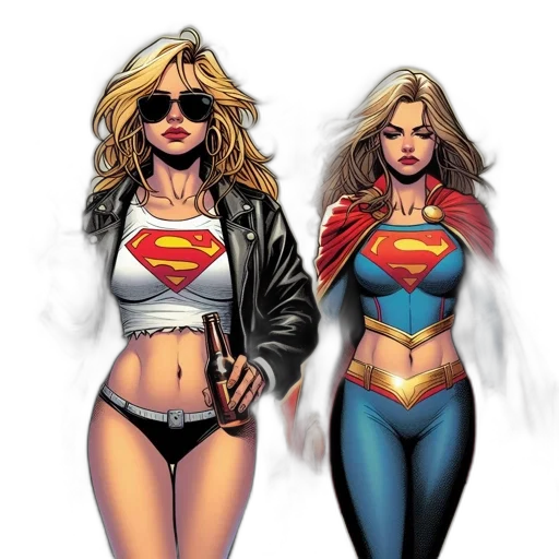 comic book art, concept art, cartoon, fantasy art, two, women, superhero, outfits transparent PNG cut-out