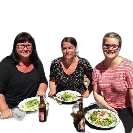 staff, food, three, women, sit, table, plates, drinks transparent PNG cut-out