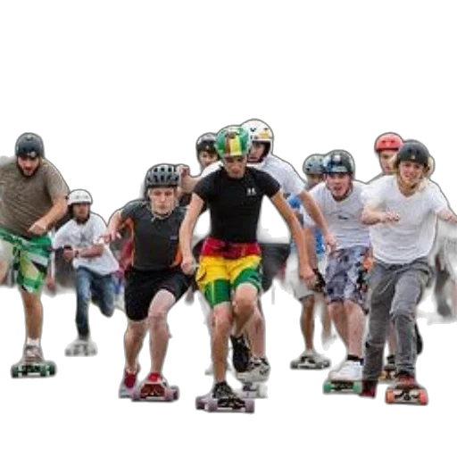 group, skateboarders, wearing, helmets, colorful, clothing, race, down transparent PNG cut-out
