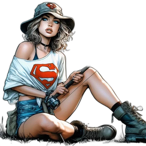 comic book art, concept art, fantasy art, cartoon, young, woman, sits, ground transparent PNG cut-out