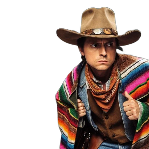 jacket, hat, photorealistic, comic book art, concept art, alert, cowboy, stands transparent PNG cut-out