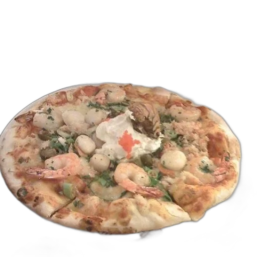 food, 3d render, photorealistic, pizza, shrimp, cheese, white, plate transparent PNG cut-out