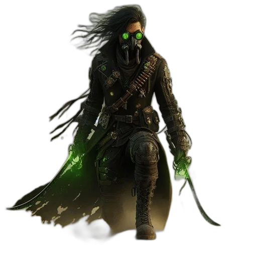 mask, staff, concept art, fantasy art, comic book art, pixel art, green, post-apocalyptic transparent PNG cut-out