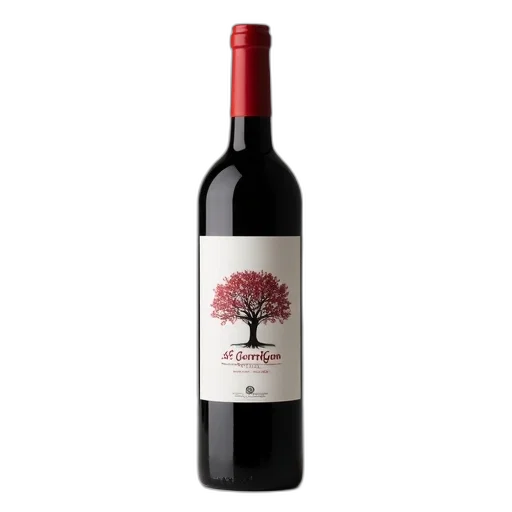 bottle, red, wine, label, featuring, tree, design, text transparent PNG cut-out