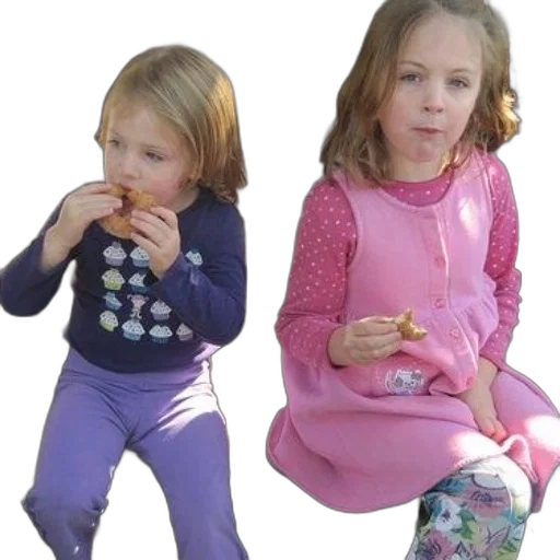 pastel, two, young, girls, sit, bench, eating, pastries transparent PNG cut-out