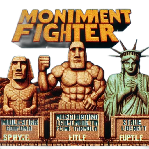 pixel art, concept art, comic book art, title, screen, moniment, fighter, three transparent PNG cut-out