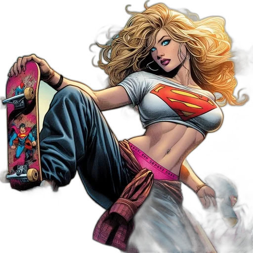 comic book art, concept art, woman, sporting, superman, crop, top, holds transparent PNG cut-out