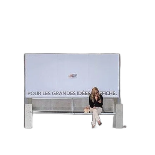 furniture, woman, sits, bench, front, large, sign, reads transparent PNG cut-out