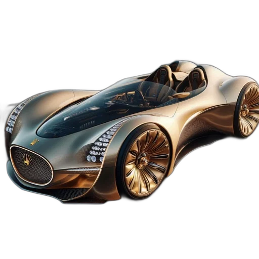 car, 3d render, concept art, photorealistic, futuristic, gold, flower-like, wheels transparent PNG cut-out
