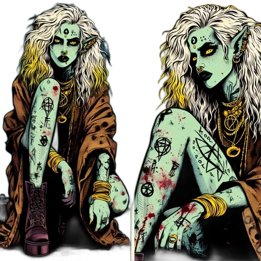 comic book art, concept art, fantasy art, cyberpunk, green, distinctive, female, character transparent PNG cut-out