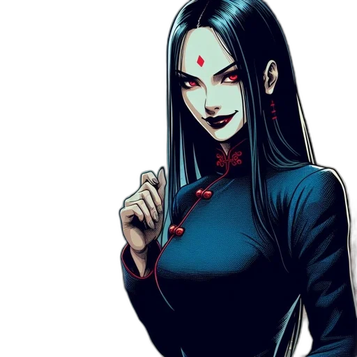 comic book art, concept art, cartoon, fantasy art, dark, woman, long, black transparent PNG cut-out