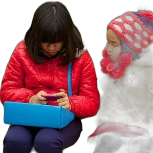 3d render, two, children, vibrant, winter, coats, sit, outdoors transparent PNG cut-out