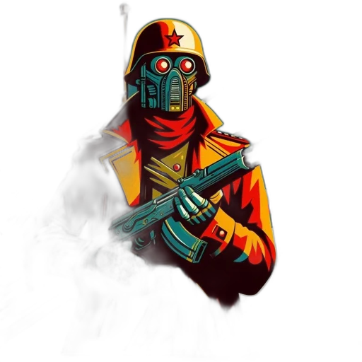 mask, robot, staff, jacket, concept art, comic book art, cyberpunk, fantasy art transparent PNG cut-out