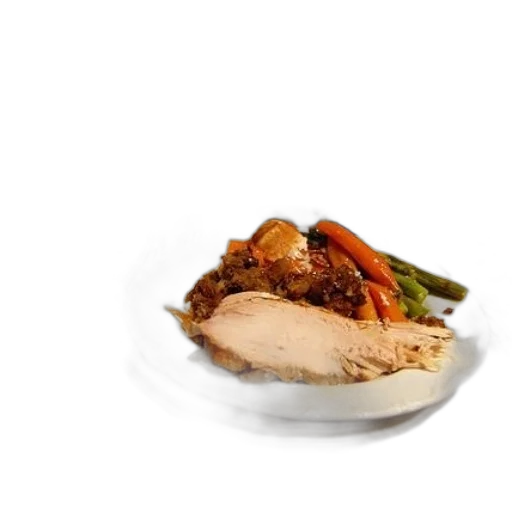 food, hat, 3d render, photorealistic, plate, turkey, carrots, stuffing transparent PNG cut-out