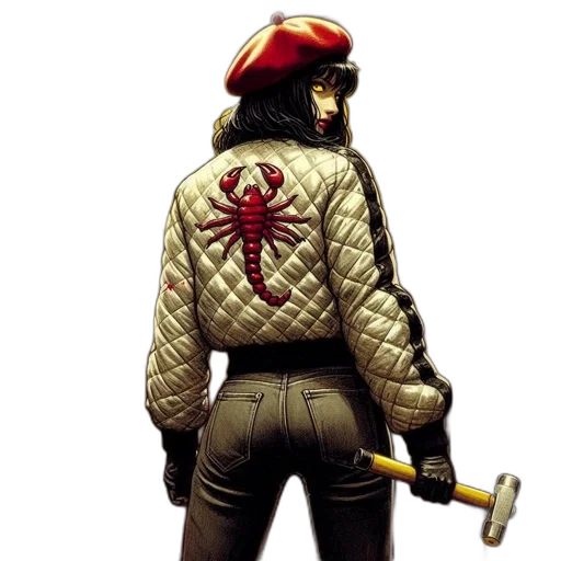 jacket, weapon, staff, concept art, comic book art, cyberpunk, pixel art, red transparent PNG cut-out