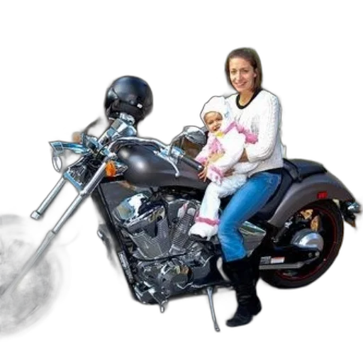 photorealistic, concept art, woman, baby, sit, black, motorcycle, driveway transparent PNG cut-out