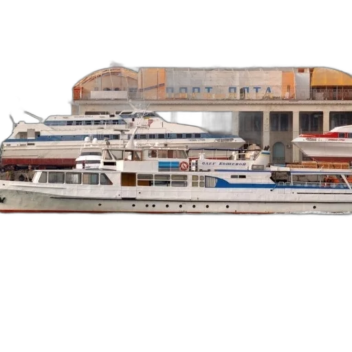 3d render, photorealistic, large, white, yacht, blue, accents, docked transparent PNG cut-out