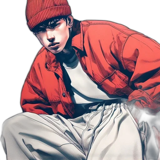 jacket, hat, face, photorealistic, comic book art, concept art, watercolor, red transparent PNG cut-out