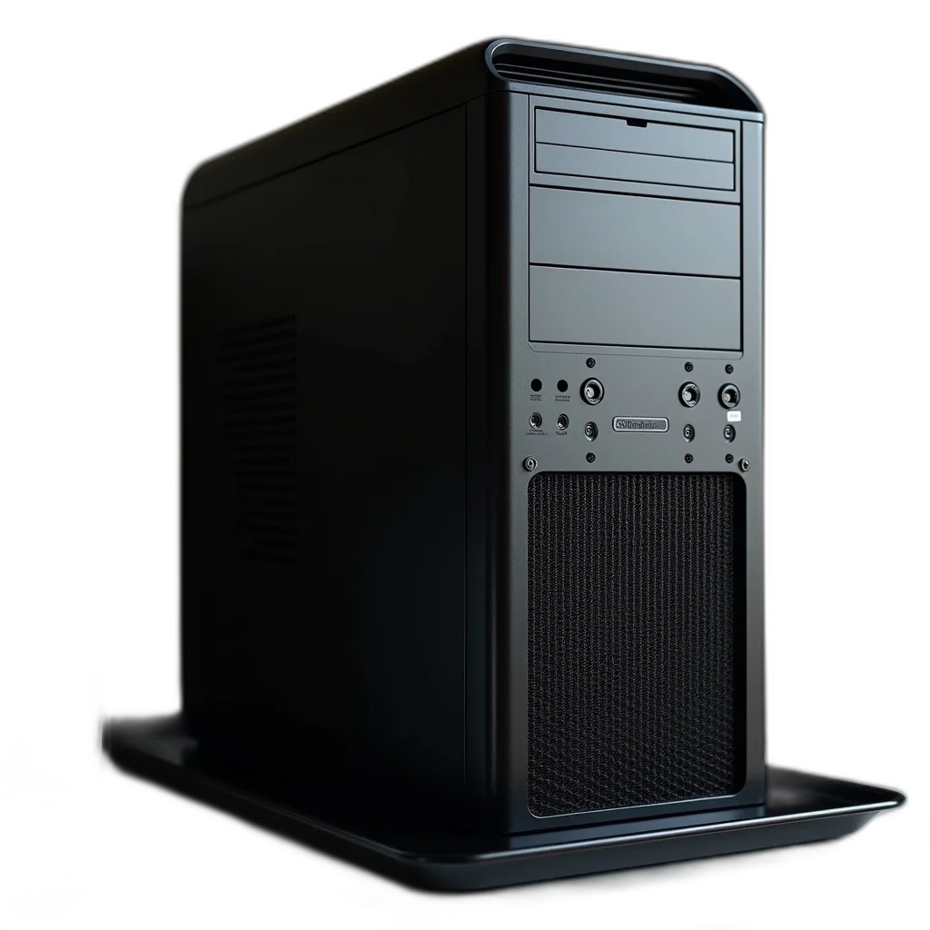 robot, 3d render, concept art, photorealistic, black, computer, tower, sitting transparent PNG cut-out