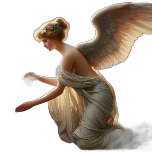 fantasy art, photorealistic, concept art, oil painting, golden, angel, kneels, lush transparent PNG cut-out