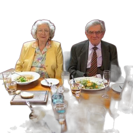 food, elderly, couple, sits, restaurant, table, plates, glasses transparent PNG cut-out