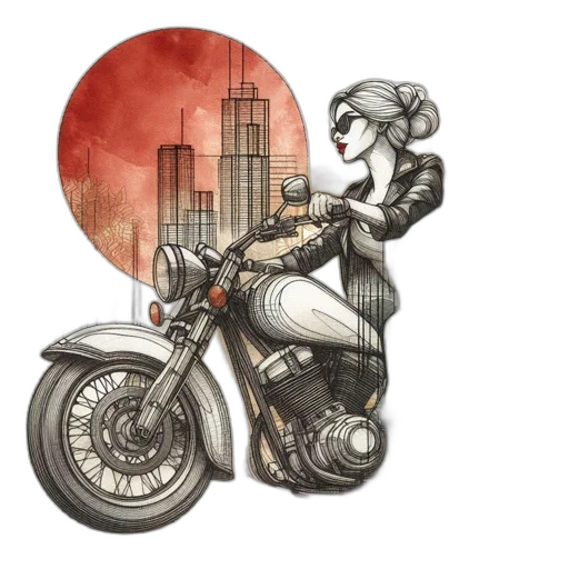 comic book art, concept art, cartoon, watercolor, stylized, artwork, woman, motorcycle transparent PNG cut-out