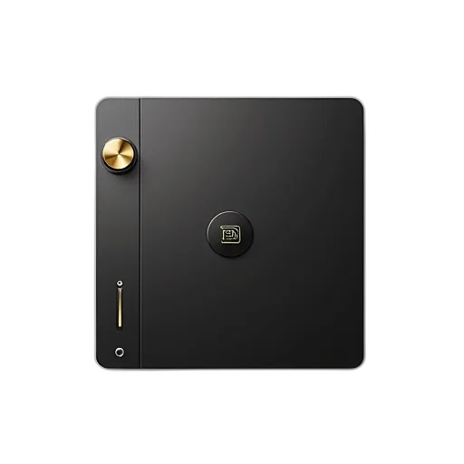 3d render, dark, black, electronic, device, gold-colored, knob, left transparent PNG cut-out