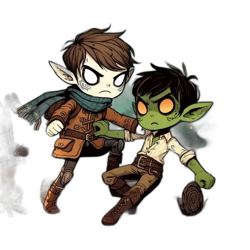 concept art, fantasy art, pixel art, comic book art, green, earth tones, two, characters transparent PNG cut-out