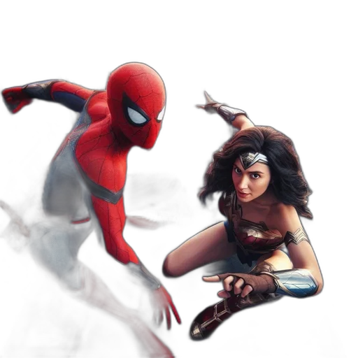 comic book art, concept art, fantasy art, 3d render, spider-man, wonder, woman, pose transparent PNG cut-out