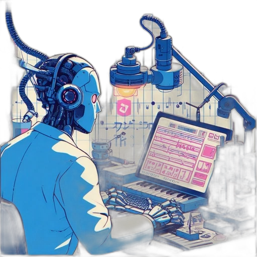 robot, concept art, cyberpunk, vaporwave, pixel art, blue, illustrated, scene transparent PNG cut-out