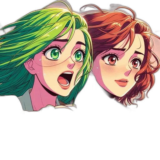 hair, face, comic book art, concept art, anime, cartoon, green, colorful transparent PNG cut-out
