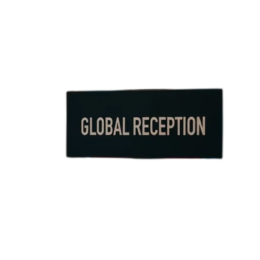 close-up, view, glass, door, global, reception, sign, attached transparent PNG cut-out