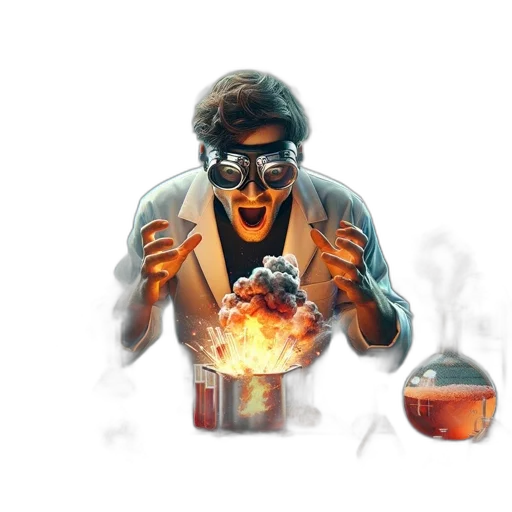 food, concept art, comic book art, pixel art, cartoon, fire, scientist, wears transparent PNG cut-out