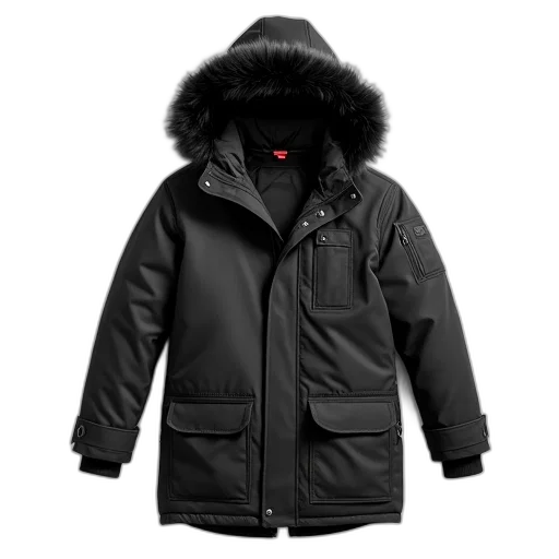 jacket, black, winter, fur-lined, hood, displayed, against, white transparent PNG cut-out