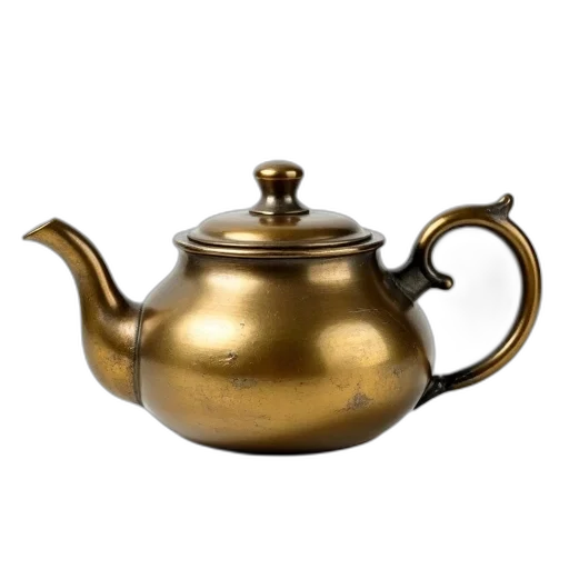 food, photorealistic, 3d render, golden, tarnished, brass, teapot, patina transparent PNG cut-out