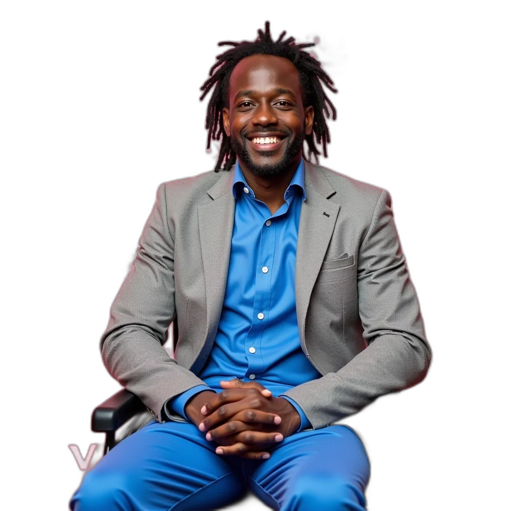 man, dreadlocks, seated, wheelchair, wearing, light, grey, blazer transparent PNG cut-out