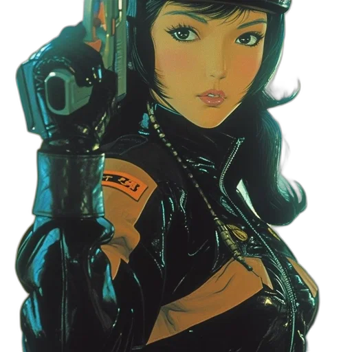 weapon, jacket, face, robot, cyberpunk, comic book art, concept art, anime transparent PNG cut-out