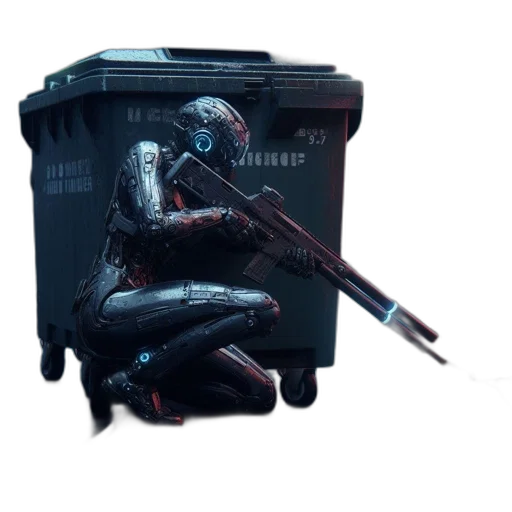 robot, weapon, jacket, furniture, concept art, cyberpunk, 3d render, pixel art transparent PNG cut-out
