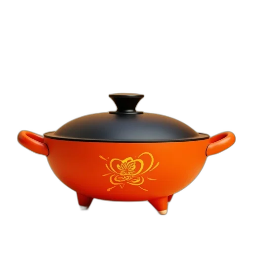 3d render, photorealistic, bright, orange, wok, black, lid, yellow transparent PNG cut-out
